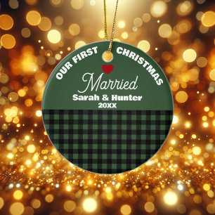 Green & Black Plaid Our First Christmas Married Ceramic Tree Decoration