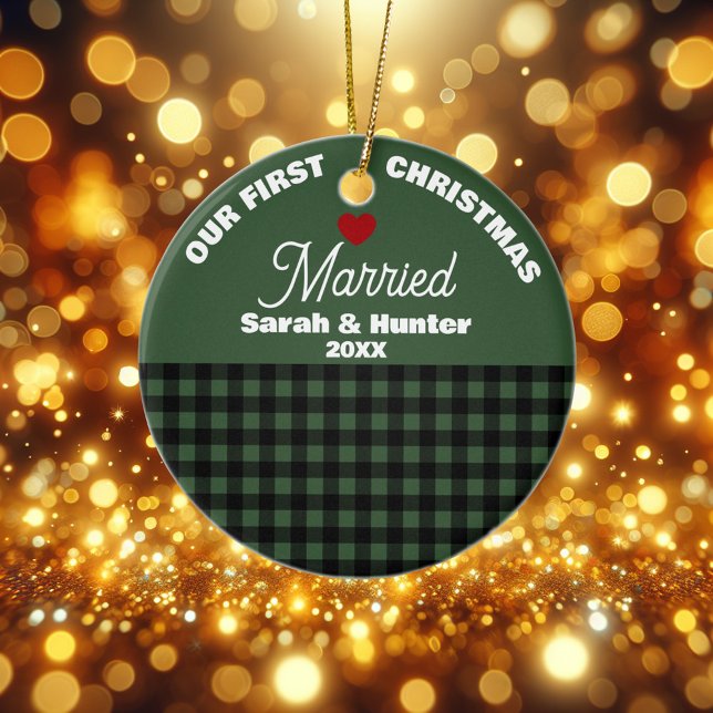 Green & Black Plaid Our First Christmas Married Ceramic Tree Decoration (Creator Uploaded)