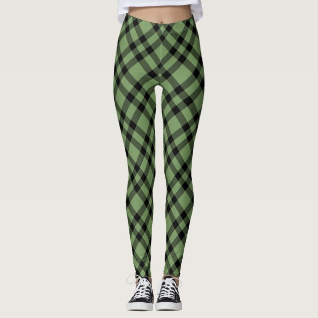 Green Black Plaid Pattern Leggings (Front)