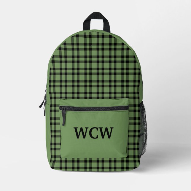 Green Black Plaid Personalise Pattern Printed Backpack (Front)
