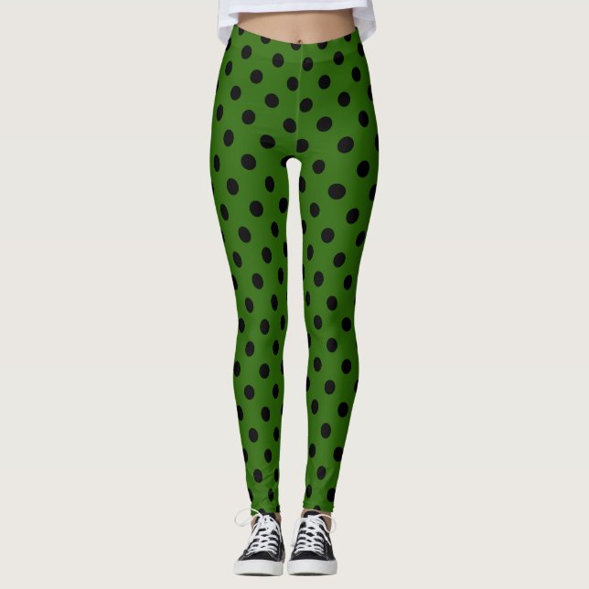 Green Black Polka Dot Pattern Leggings (Front)