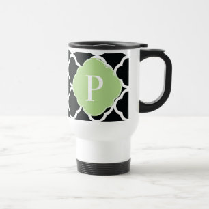 Green Black Quatrefoil Monogram Travel Mug