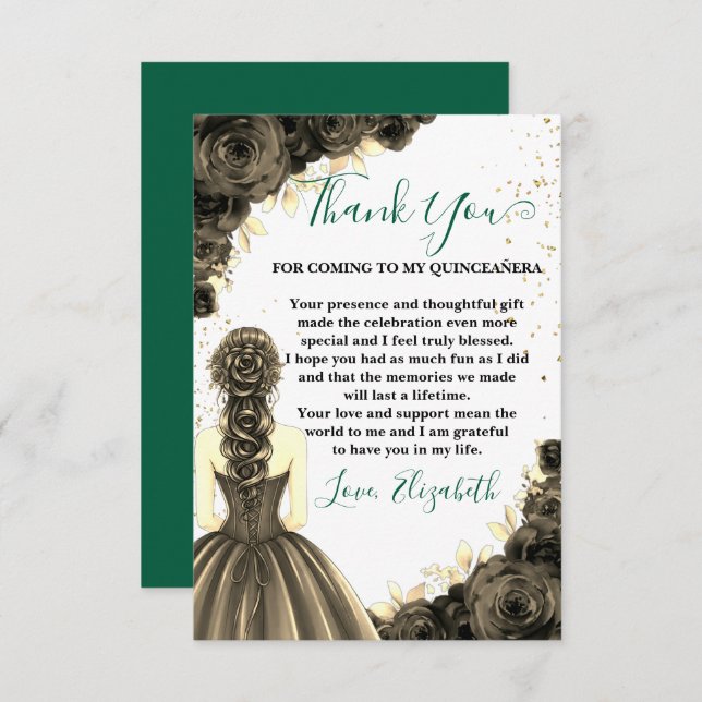 Green & Black Quinceañera Custom Thank You Card (Front/Back)