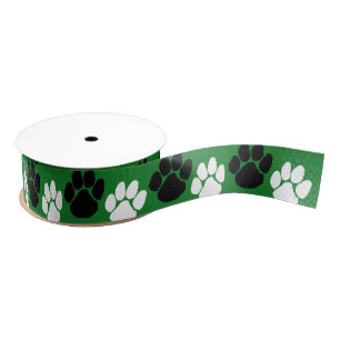 Green & Black Repeating Pawprint Grosgrain Ribbon