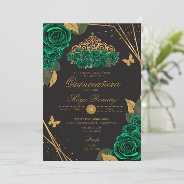 Green Black Roses Tiara Gold Glitter Quinceañera  Invitation (Standing Front)