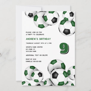 green black soccer balls boys girls birthday invitation