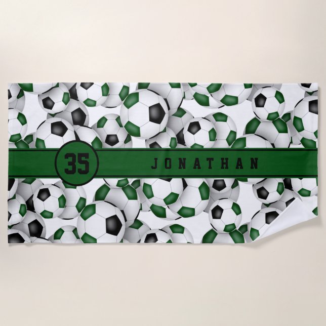Green black soccer team colours personalised gifts beach towel (Front)