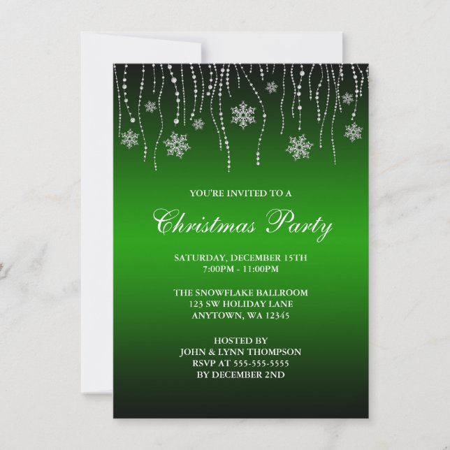 Green Black Sparkle Snowflakes Christmas Party Invitation (Front)