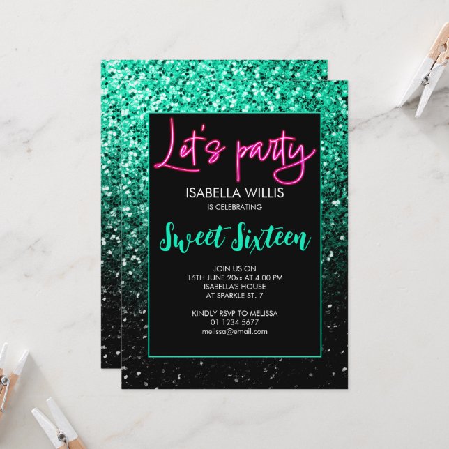 Green black sparkles Sweet 16 neon lets party  Invitation (Front/Back In Situ)