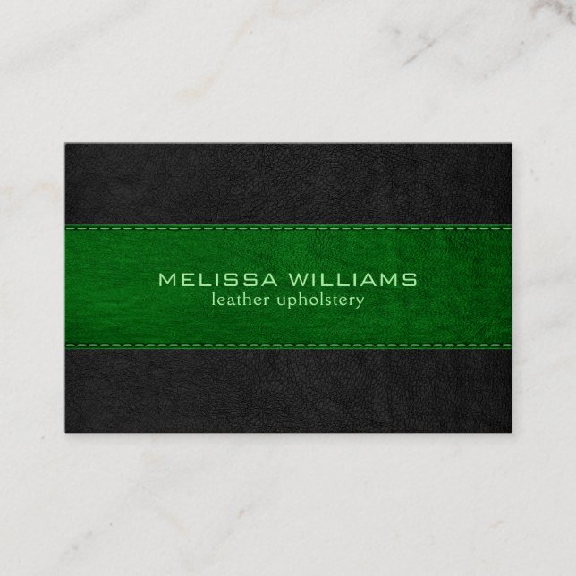Green & Black Stitched Vintage Leather Texture Business Card (Front)