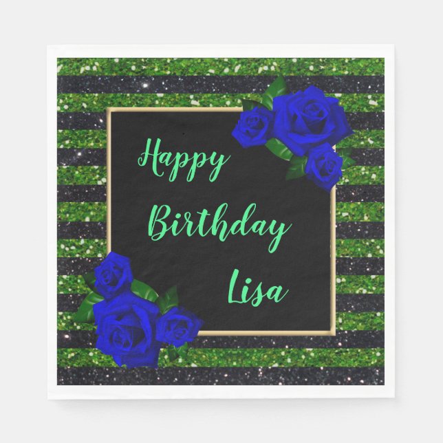 Green Black Stripe Glitter Deep Blue Rose Birthday Napkin (Front)