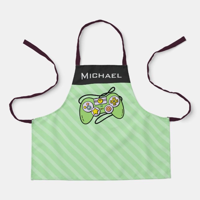 Green & Black Striped Gaming Joystick Gamer Name Apron (Front)