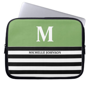 Green Black Striped Laptop Case for Women or Girl