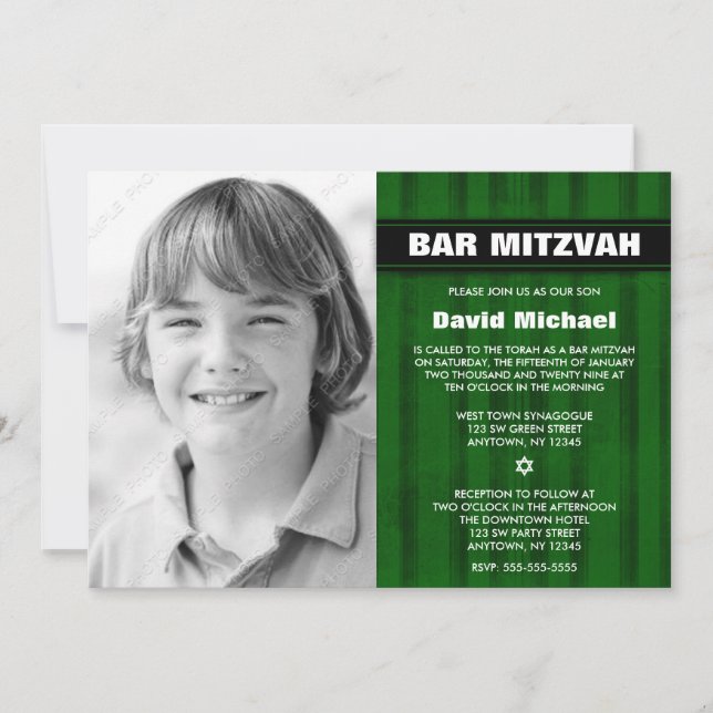 Green Black Stripes Photo Bar Mitzvah Invitations (Front)