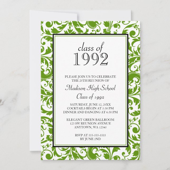 Green Black Swirl Damask Class Reunion Invitations (Front)