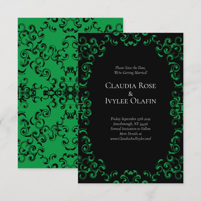 Green & Black Swirl Gothic Wedding Invitation (Front/Back)