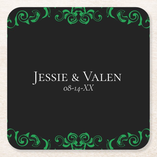 Green & Black Swirl Gothic Wedding Square Paper Coaster (Front)