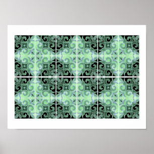 Green Black Swirl Inspired by Portuguese Azulejos Poster