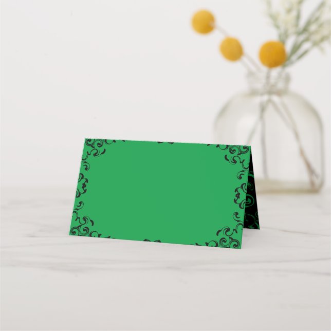 Green Black Swirl Wedding Place Card (Front)