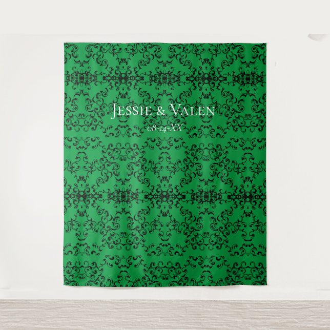 Green Black Swirl Wedding Tapestry (Front)