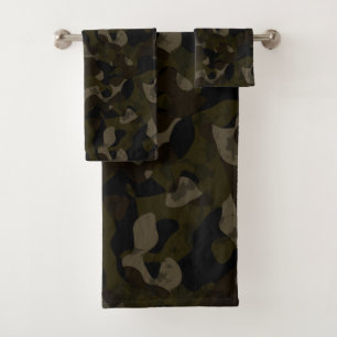 Green, black, taupe and brown camo abstract bath towel set