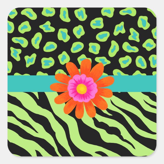 Green, Black & Teal Zebra & Cheetah Orange Flower Square Sticker (Front)