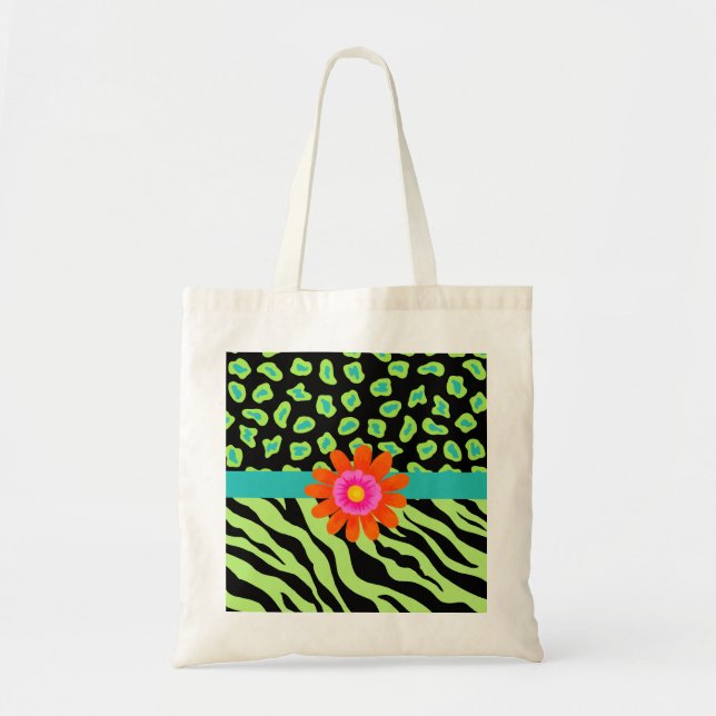 Green, Black & Teal Zebra & Cheetah Orange Flower Tote Bag (Front)