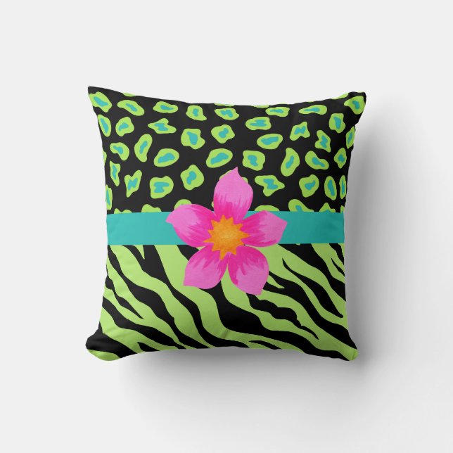 Green, Black & Teal Zebra & Cheetah Pink Flower Cushion (Front)