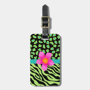 Green, Black & Teal Zebra & Cheetah Pink Flower Luggage Tag