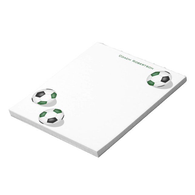 green black team colours soccer balls personalised notepad (Rotated)