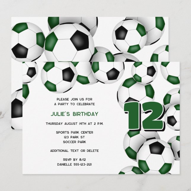 green black team colours soccer balls sports party invitation (Front/Back)