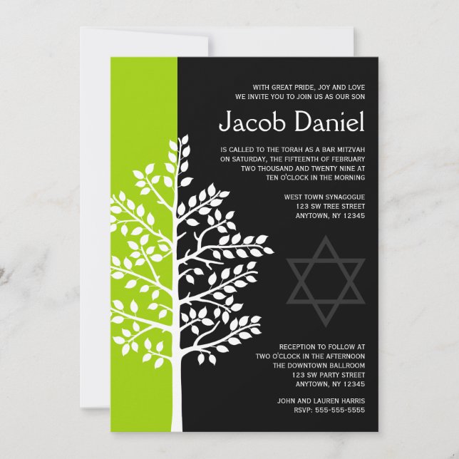 Green Black Tree of Life Bar Mitzvah Invitations (Front)