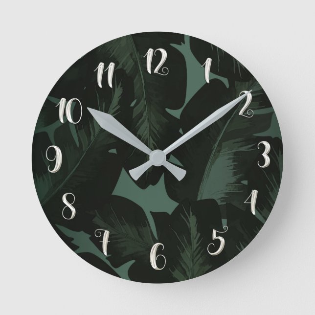 Green & Black Tropical Leaves Botanical Chic Round Clock (Front)