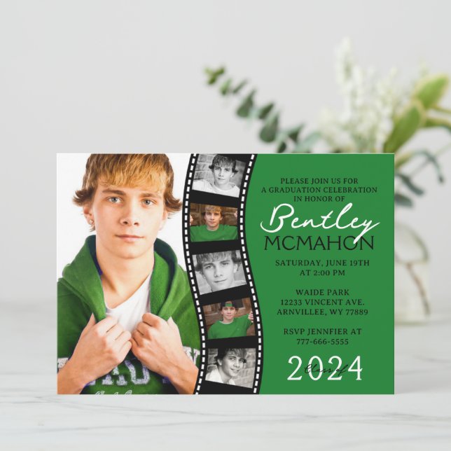 Green & Black Unique Filmstrip 6 Photo Graduation Invitation (Standing Front)