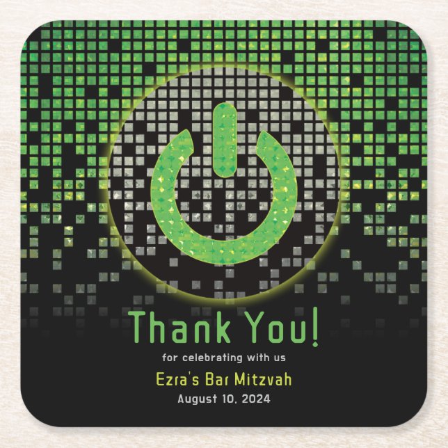 Green Black Video Game Gamer Bar Mitzvah Square Paper Coaster (Front)