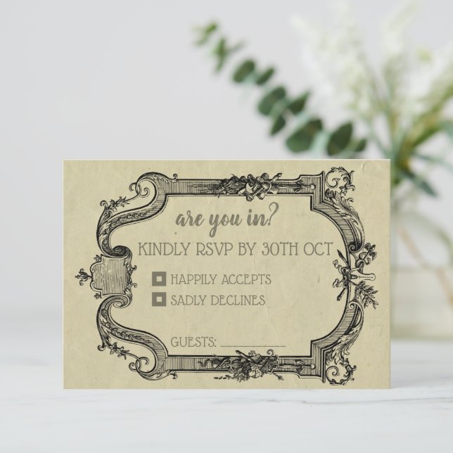 Green Black Vintage Classic Wedding RSVP Card (Standing Front)