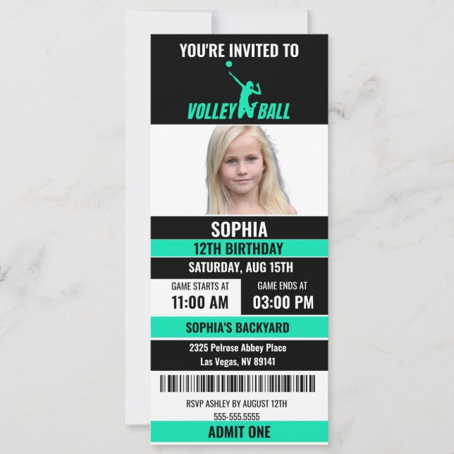 Green Black Volleyball Ticket Birthday Photo Invitation (Front)