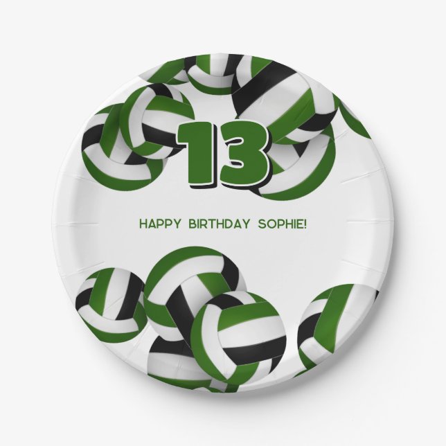 green black volleyballs kids birthday party paper plate (Front)