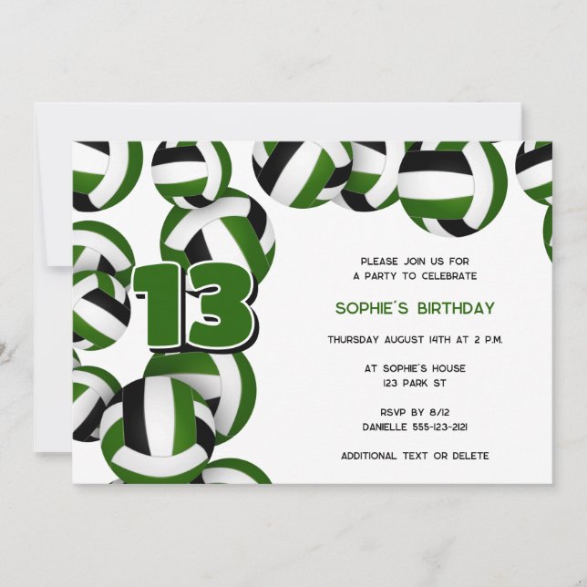 green black volleyballs kids sports birthday party invitation (Front)