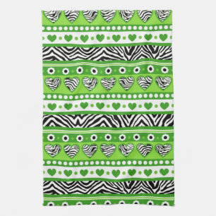 Green black & white abstract zebra hearts and dots tea towel