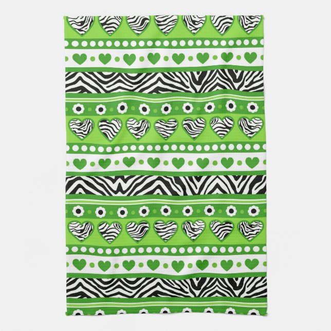 Green black & white abstract zebra hearts and dots tea towel (Vertical)
