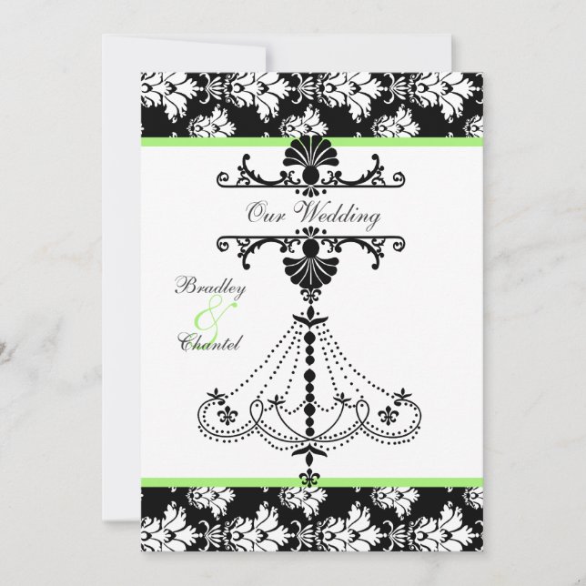 Green,  Black, White Chandelier Wedding Invitation (Front)