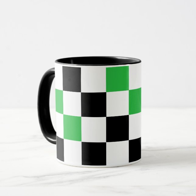 Green Black White Checkered Pattern Design  Mug (Front Left)