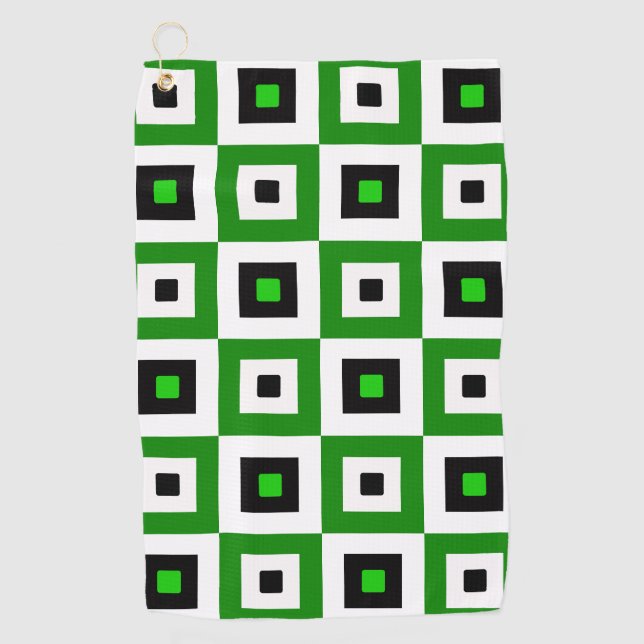 Green Black White Checkered Squares Pattern Golf Towel (Front)