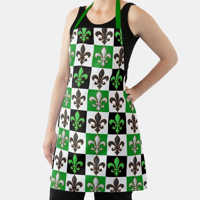 Green Black White Chequered Fleur-de-lis Design  Apron (Creator Uploaded)