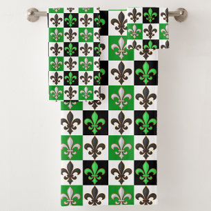 Green Black White Chequered Fleur-de-lis Design Bath Towel Set