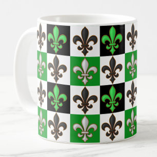 Green Black White Chequered Fleur-de-lis Design Coffee Mug