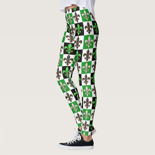 Green Black White Chequered Fleur-de-lis Design  Leggings