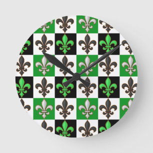 Green Black White Chequered Fleur-de-lis Design Round Clock
