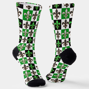Green Black White Chequered Fleur-de-lis Design Socks